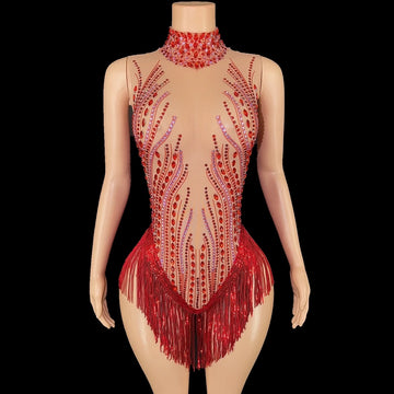 Sparkly Rhinestone, Sequin & Fringe Sleeveless Bodysuit Stage Performance Costume