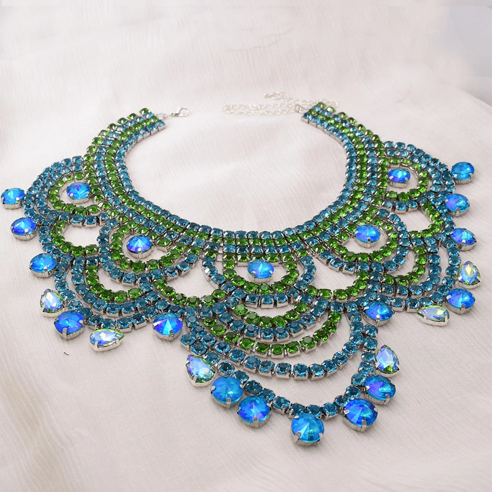 Oversized Aqua & Light Green Crystal Rhinestone Choker Drag Queen Pageant Necklace