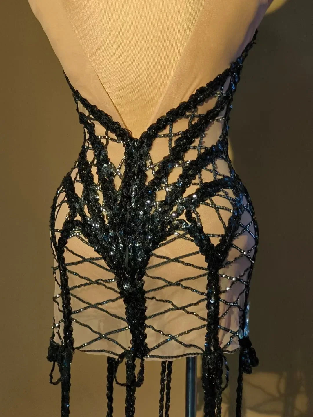 Sparkly Butterfly Rhinestone & Tassel Fringe Backless Evening Dress Stage Costume