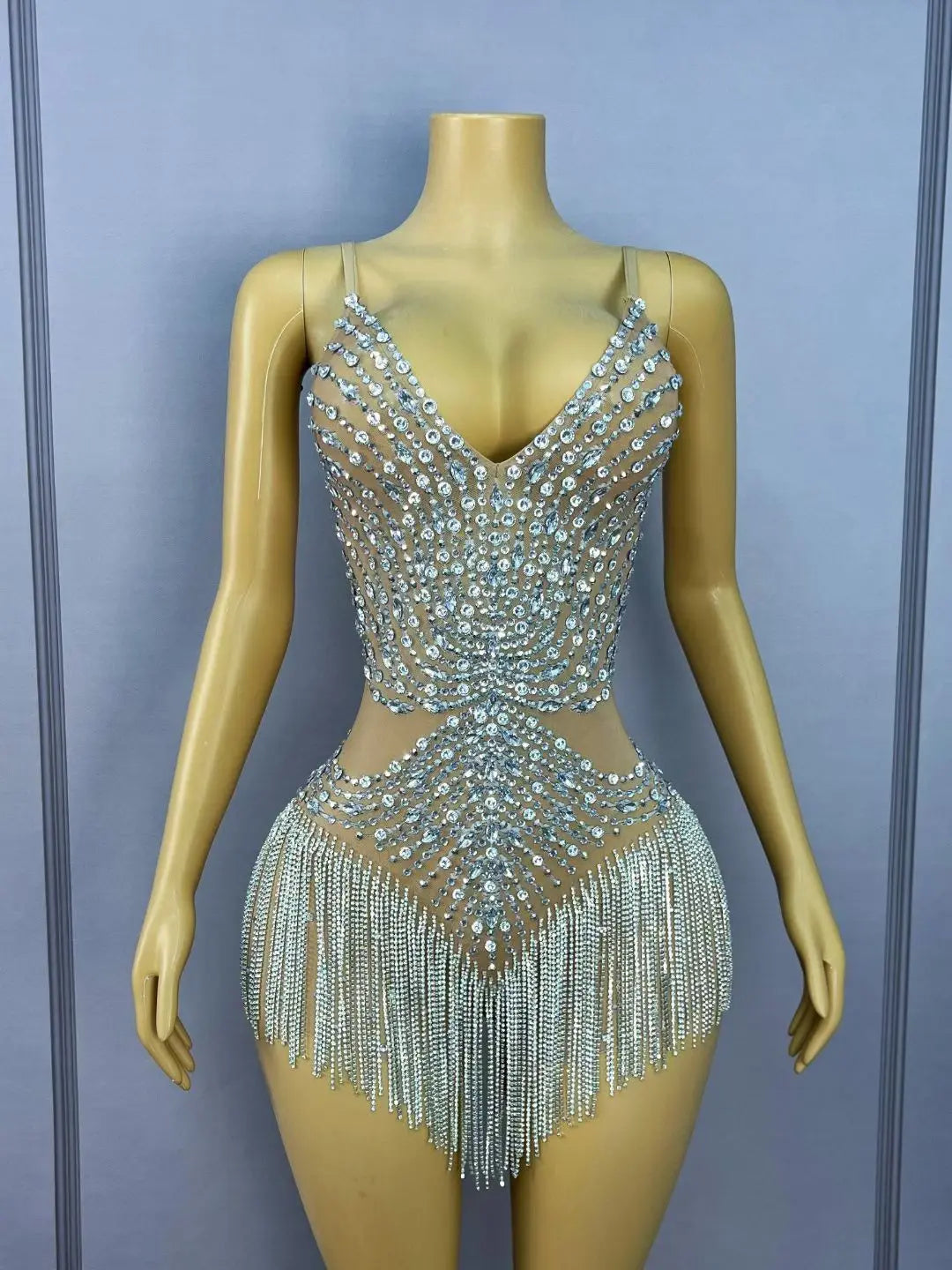Sparkly Silver Rhinestone Tassel Sheer Mesh Stage Bodysuit Leotard Costume