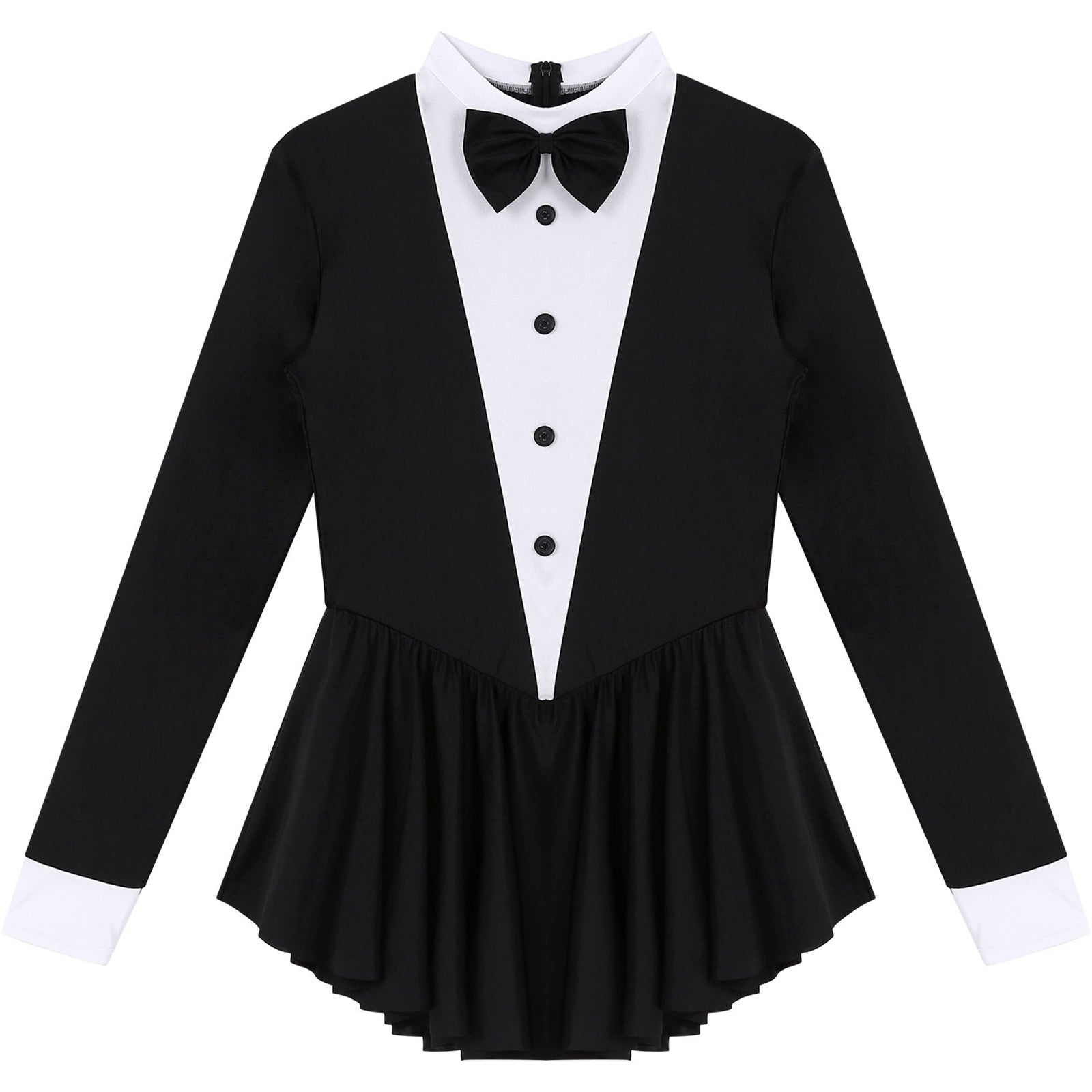 Tuxedo Bowknot Long Sleeve Ruffle Leotard Dress Magician Costume