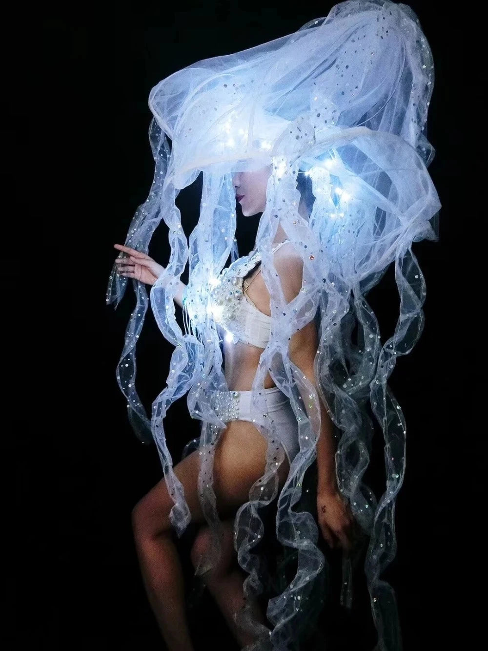 Pearl & Crystal Bustier Bikini Set & LED Illuminated Jellyfish Tentacle Headdress Stage Costume