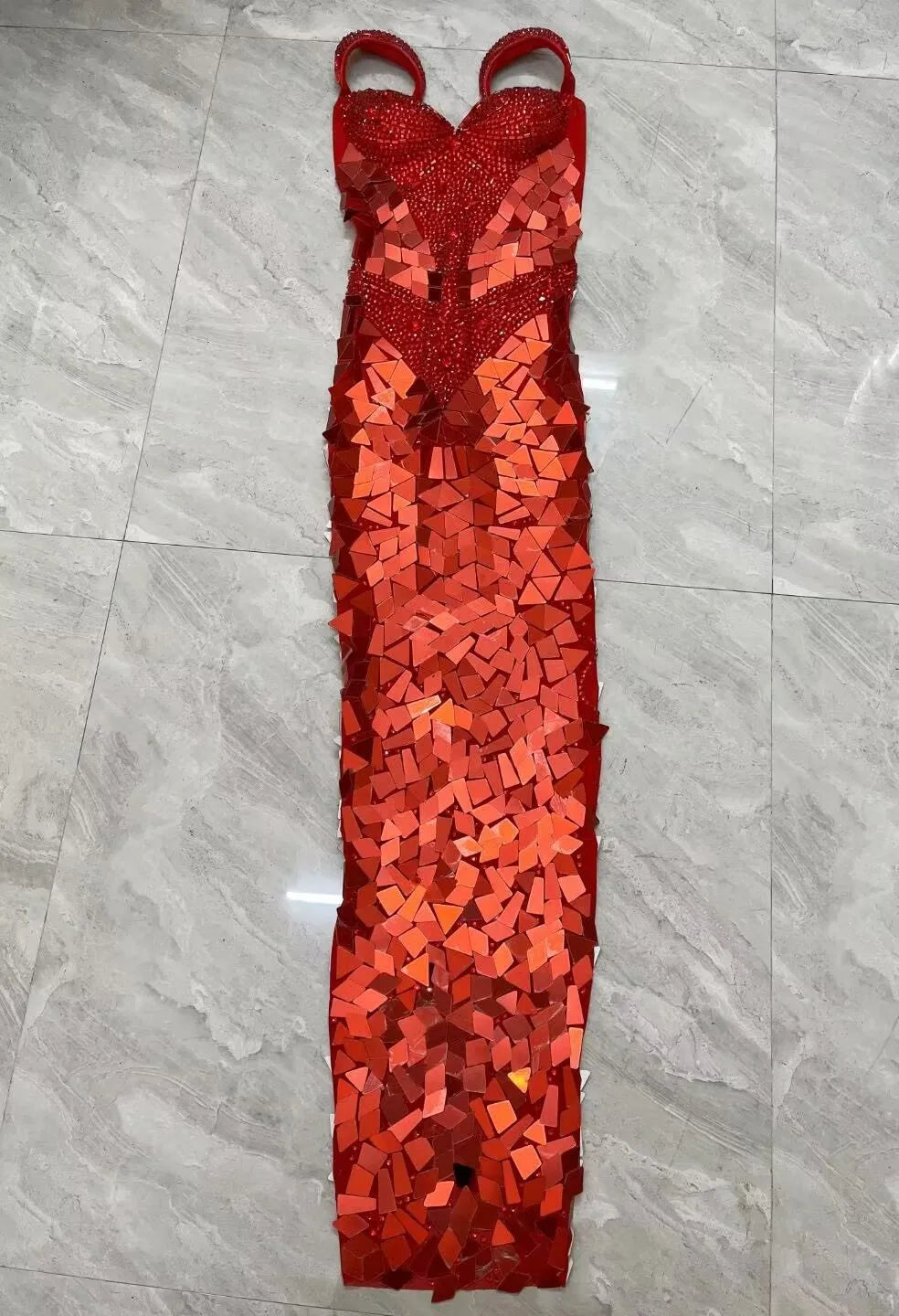 Women's Red & Gold Rhinestone Mirror Suspender Dress | Sparkly Elegant Gown for Red Carpet & Stage
