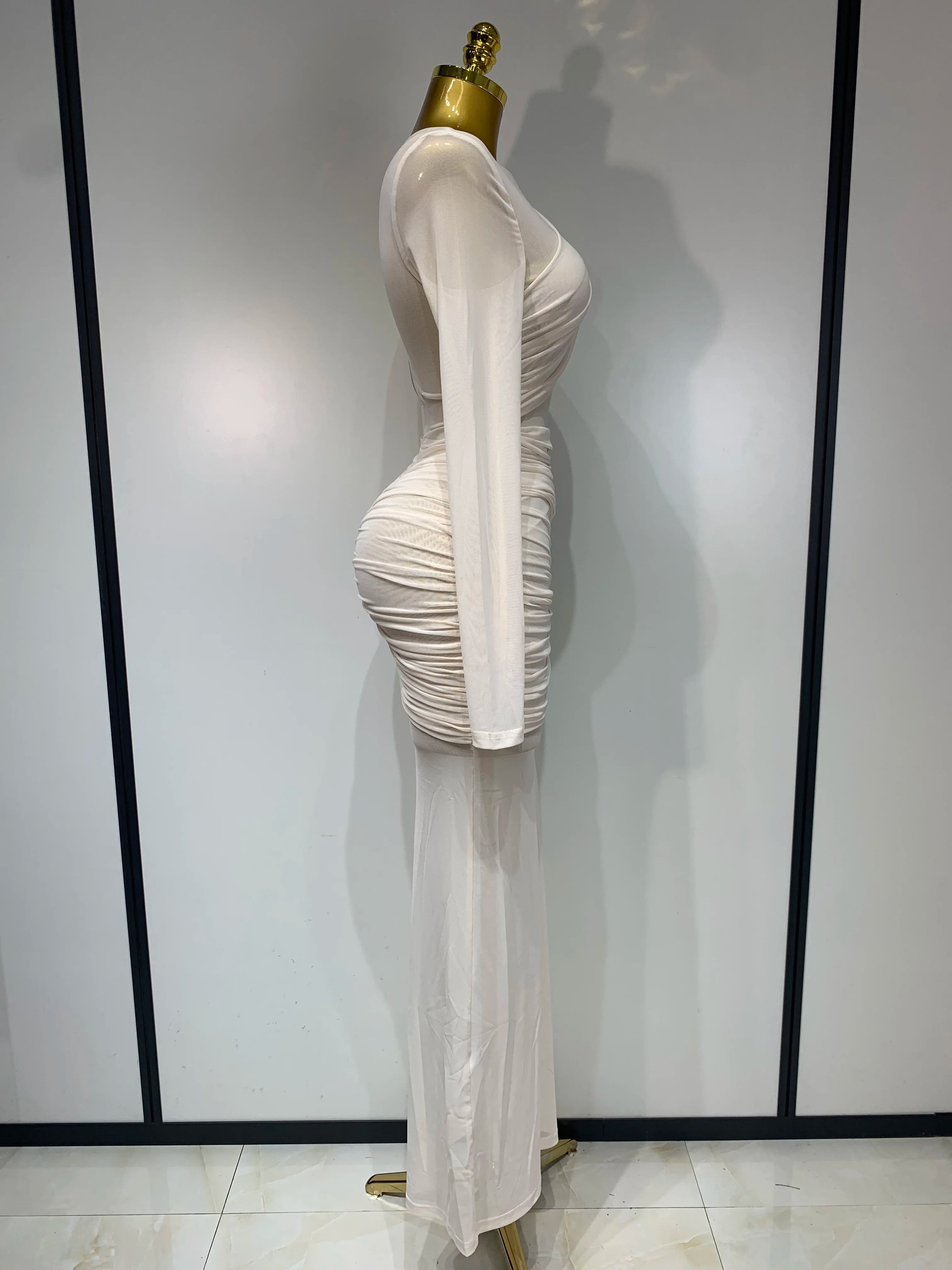 Ruched Mesh Draped Bodycon Maxi Dress Long Sleeve Illusion Evening Gown