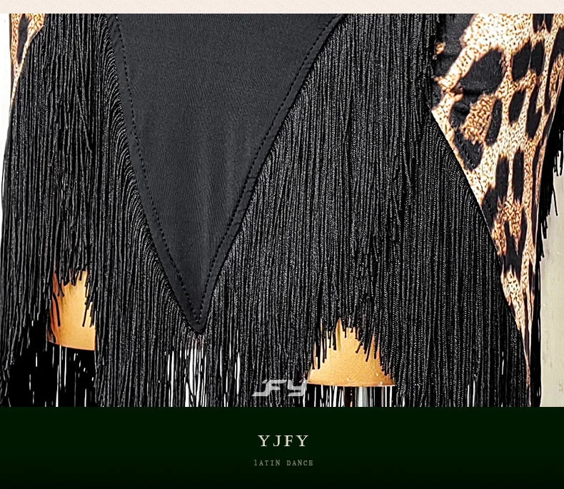 Black Open-Back Leotard & Leopard Print Fringe Skirt Latin Dance Costume Set