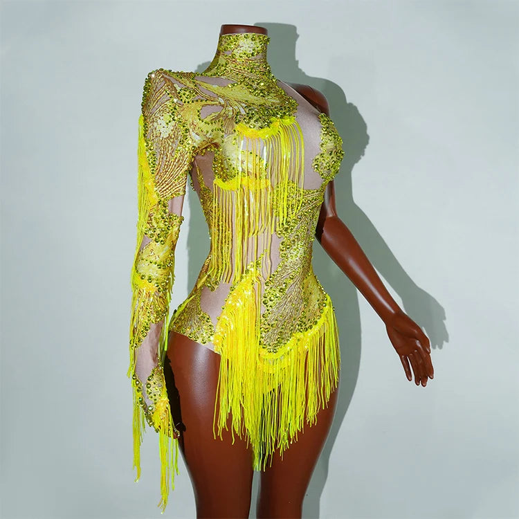 Leopard Sequin Fringe Asymmetrical Bodysuit One-Sleeve Stage Performance Costume