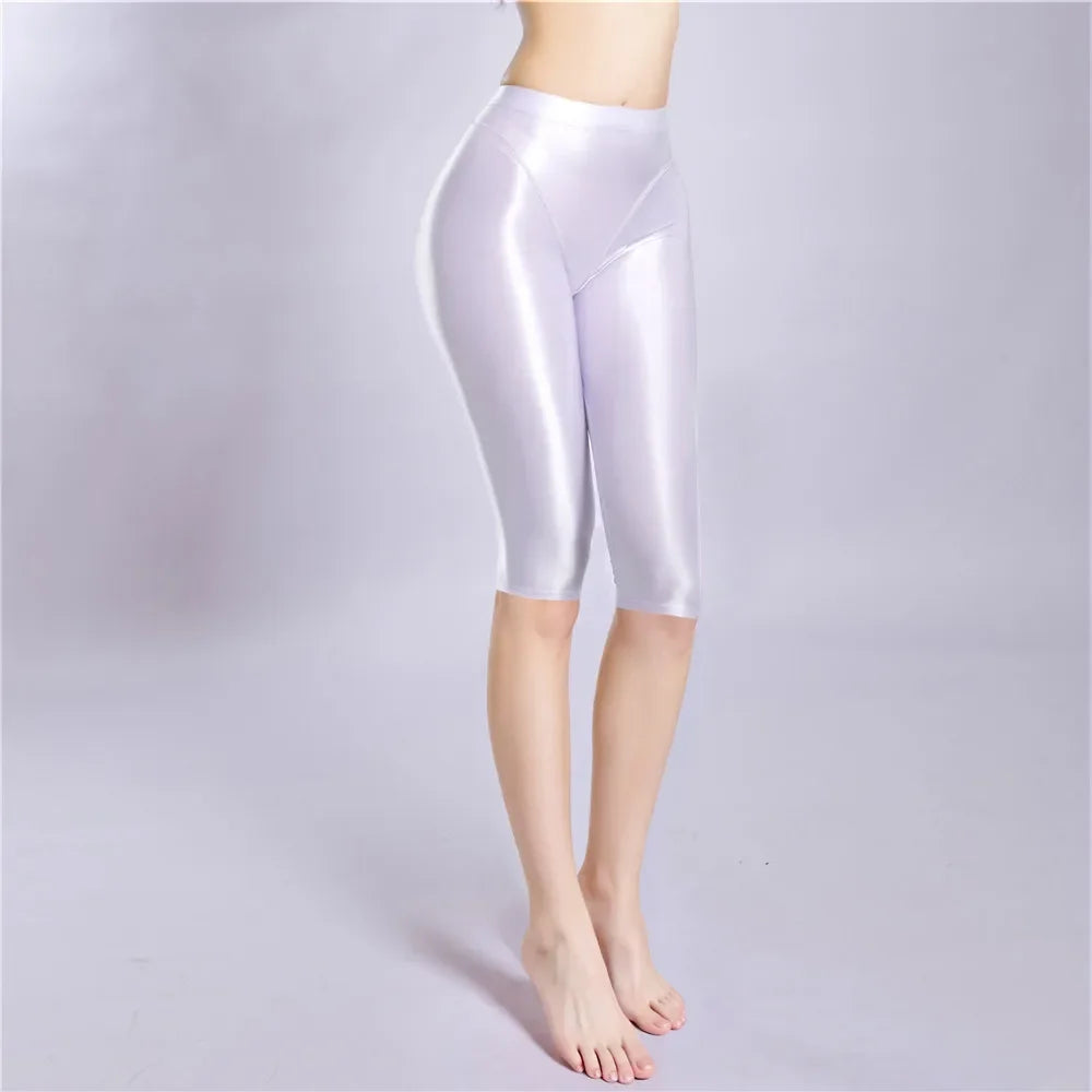 Women Shaping Short Stain Smooth Oil Glossy Shiny Elastic Shorts Sheer See Through Casual Plus Size Tight Yoga Short Maid Pant