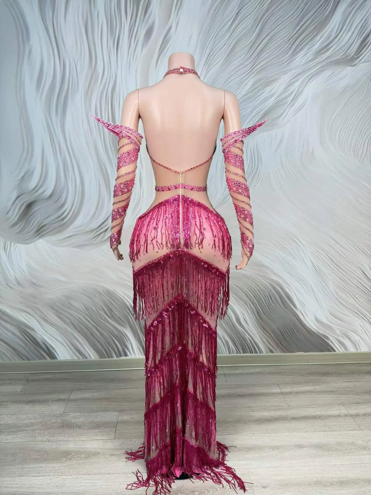 Women's Rhinestone Tassel Mesh Dress | Sparkly Stage & Nightclub Party Dress