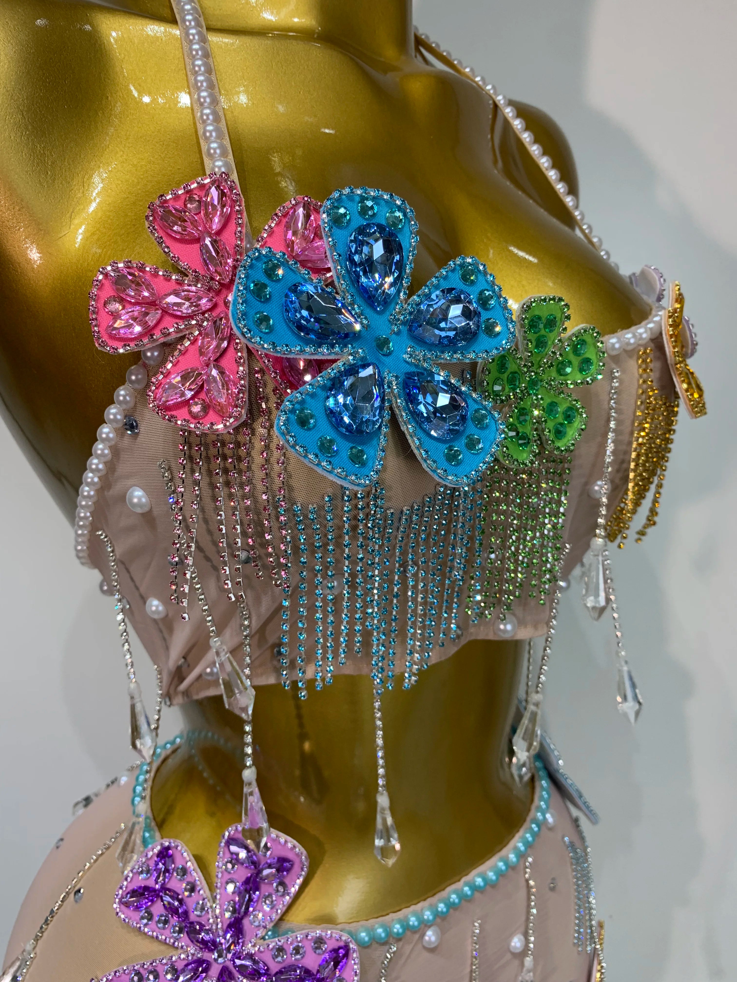 Colorful Rhinestone Pearl Sheer Dress & Two-Piece Mini Skirt Set Celebration Outfit