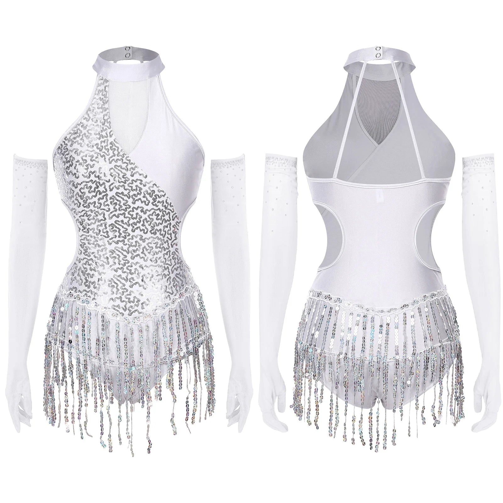 Sequined Fringe Latin Dance & Figure Skating Jumpsuit Leotard Set with Mesh Gloves