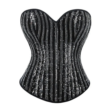 Sequined Striped Overbust Corset Top Lace-Up Plastic Boned Burlesque Bustier