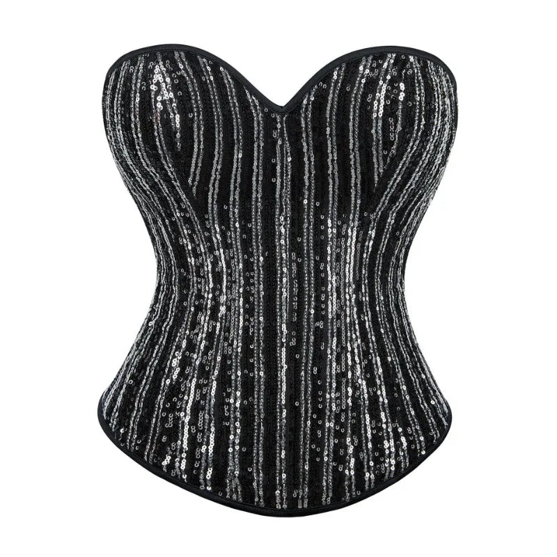 Sequined Striped Overbust Corset Top Lace-Up Plastic Boned Burlesque Bustier
