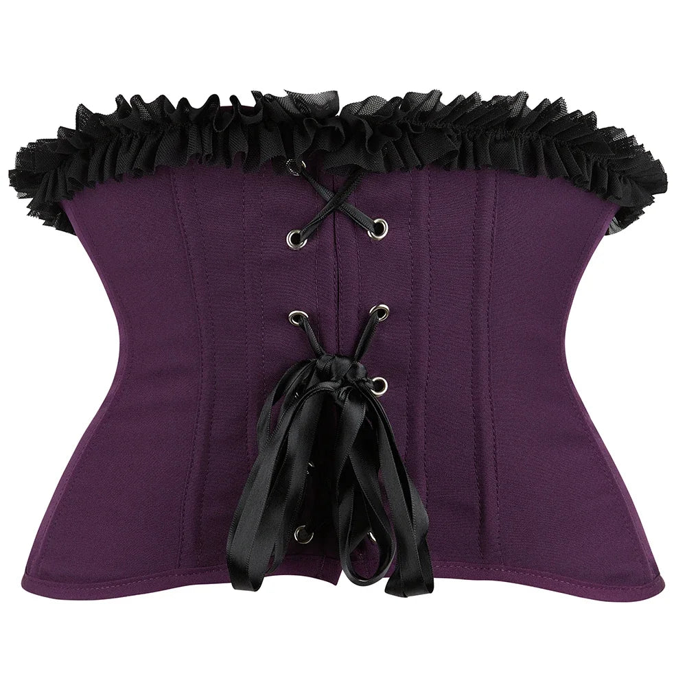 Gothic Underbust Corset Bustier Lace Ruffle Trim Front Busk Waist Cincher
