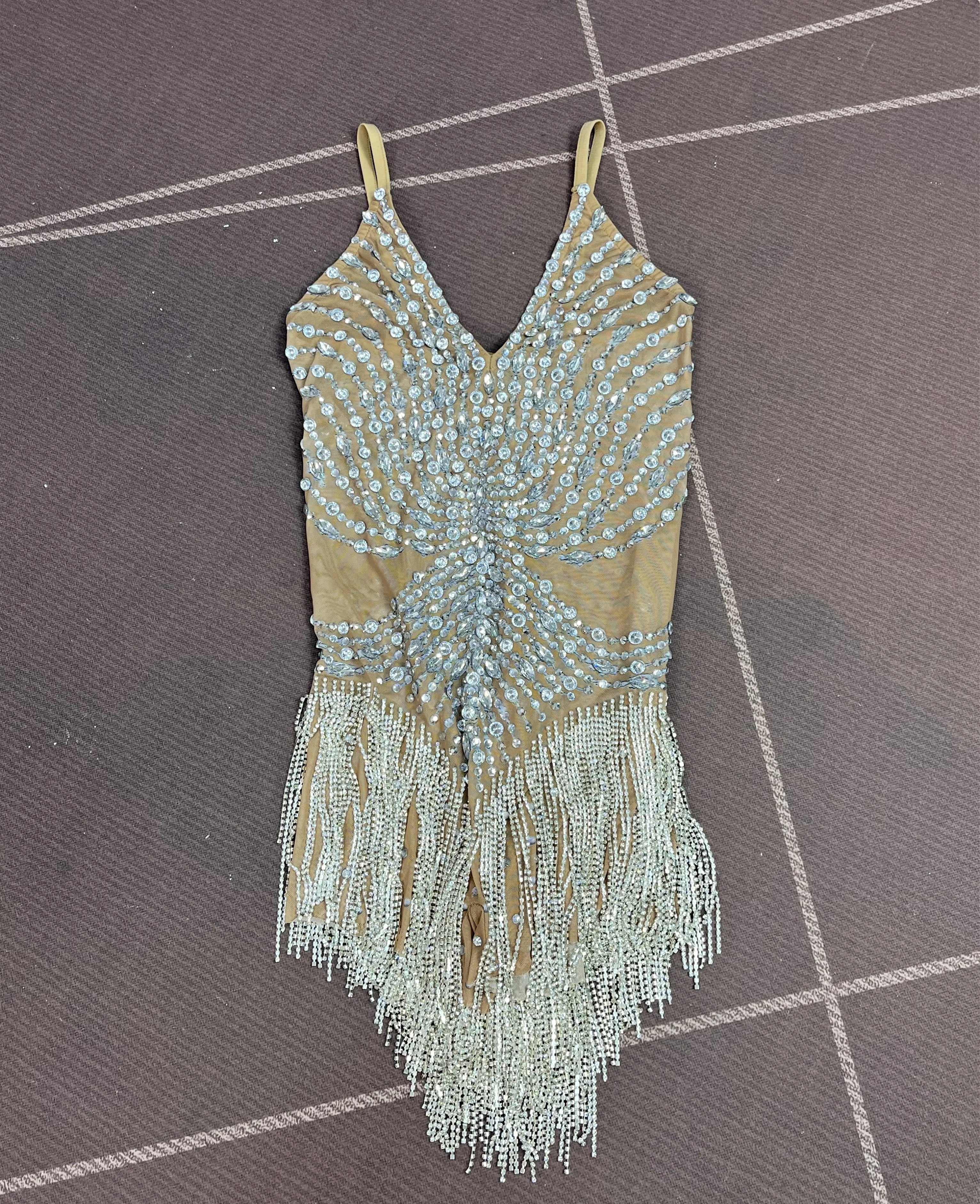Flashing Crystal Rhinestone Chain Sheer Nude Mesh Stage Bodysuit Dance Leotard
