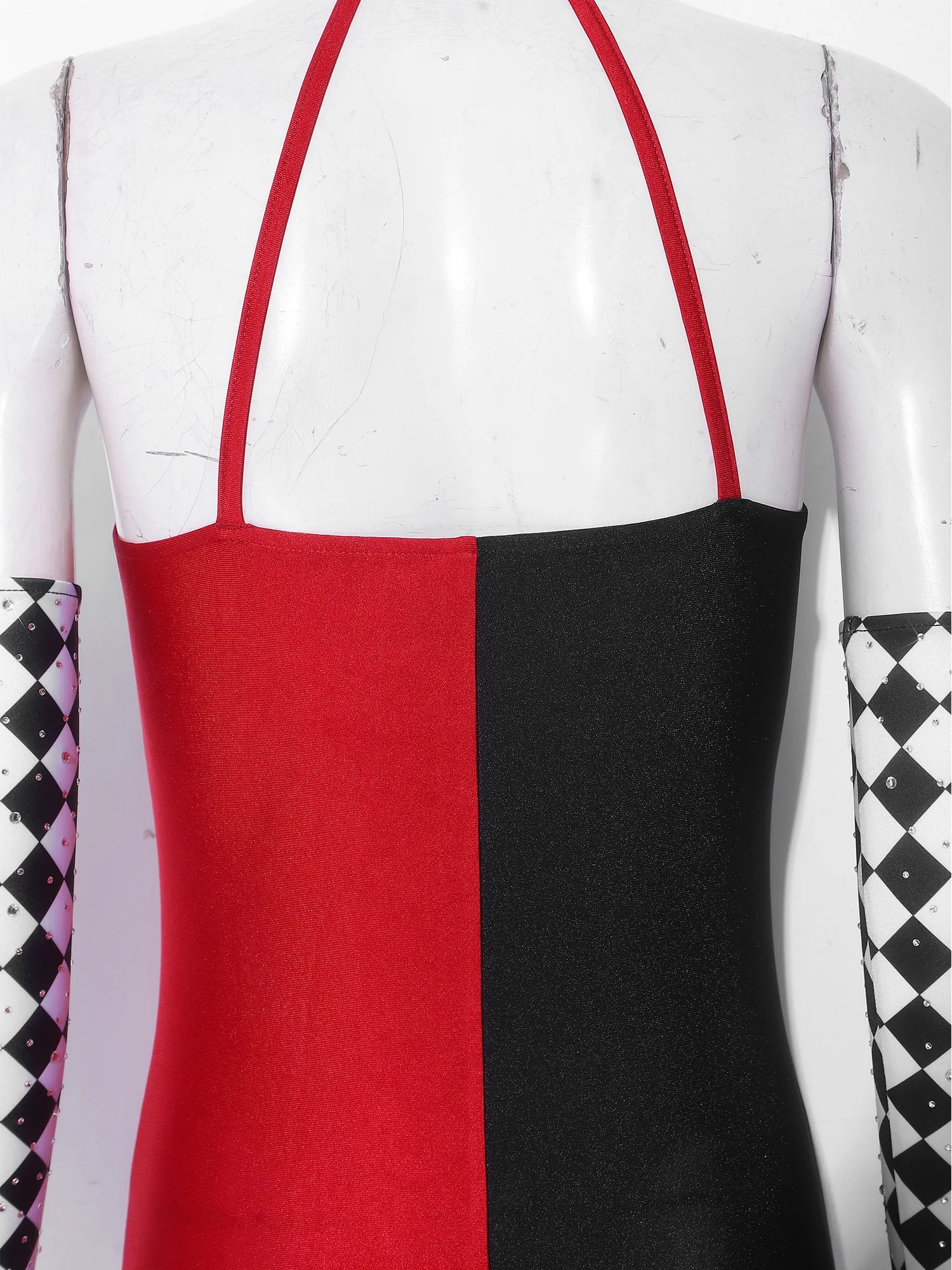 Circus Harlequin Clown Plaid Halter Bodysuit & Arm Sleeves 2-Piece Cosplay Costume Set