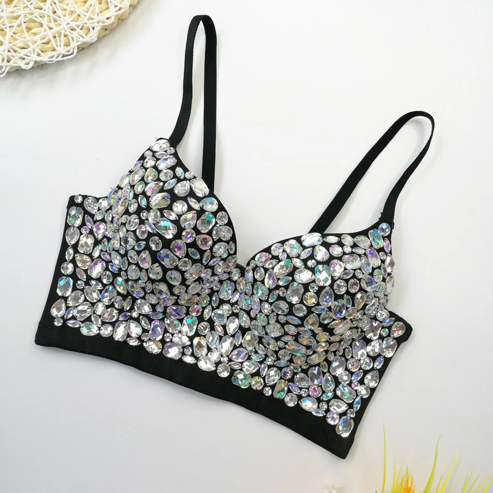 Rhinestone Glitter Bustier Corset Top Hook-and-Eye Nightclub Party Bralette