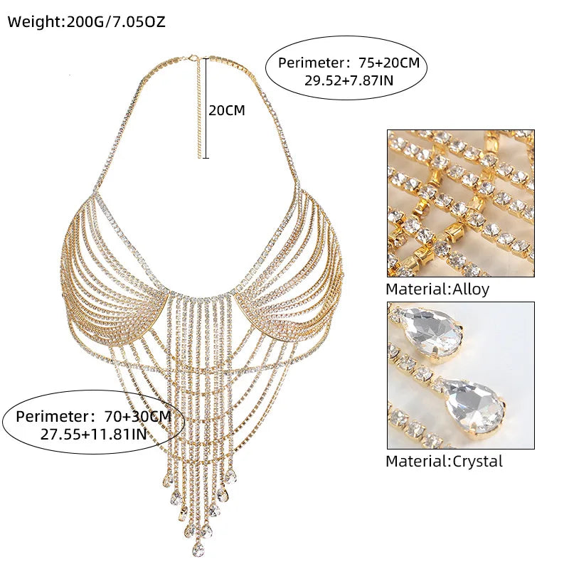 Layered Teardrop Rhinestone Tassel Chest Chain