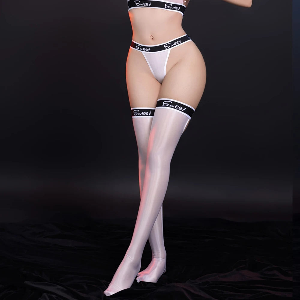 Sexy Women Stain Smooth High Stocking Oil Glossy Shiny Vintage Tight Letter Printing Shaping Overknee Maid Stocking Hollow Out