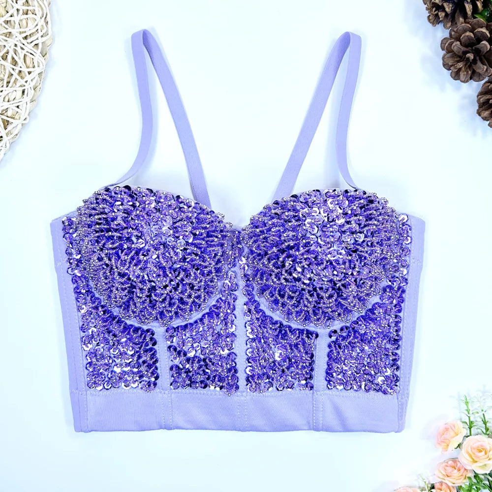 Gold Beaded Sequin Embroidery Bustier Corset Crop Top Party Bralette