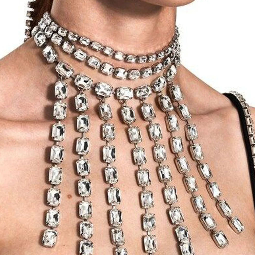 Square Pendant Rhinestone Fringe Choker