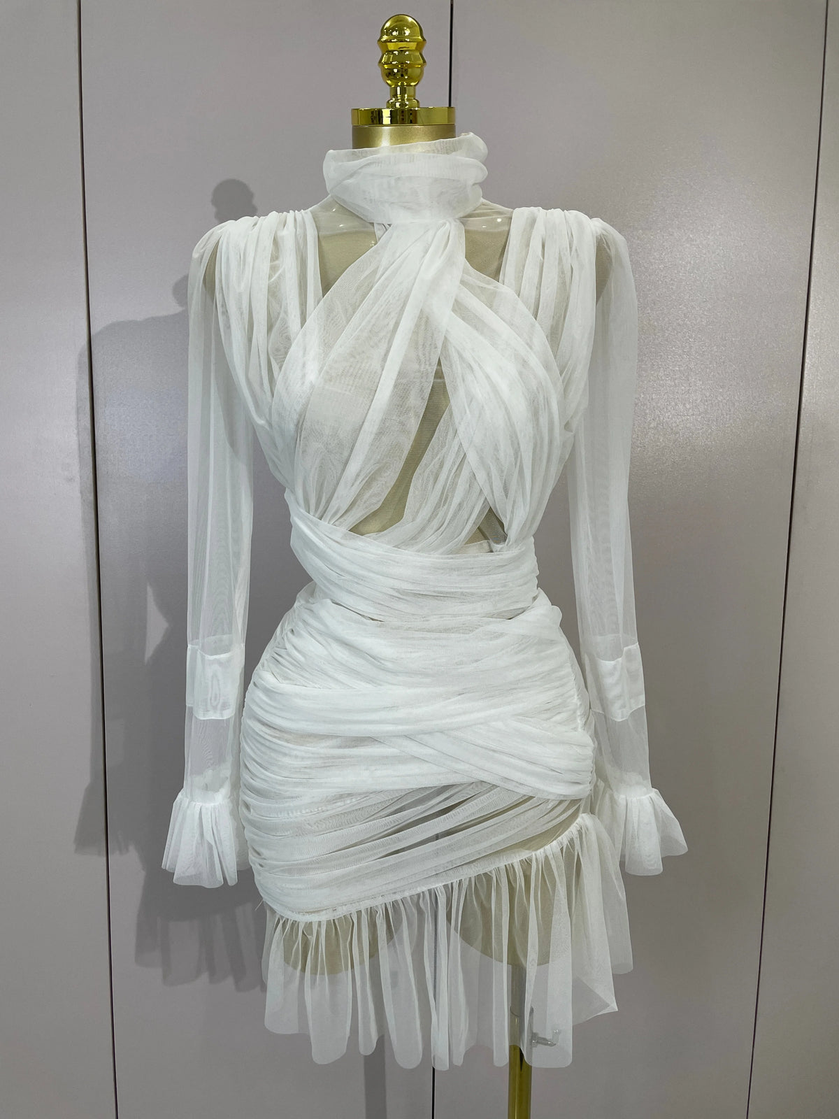 White High Collar Long Sleeve Solid Mesh Sexy See Through Ruffle Mini Dress