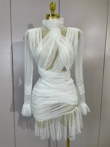 White High Collar Long Sleeve Solid Mesh Sexy See Through Ruffle Mini Dress