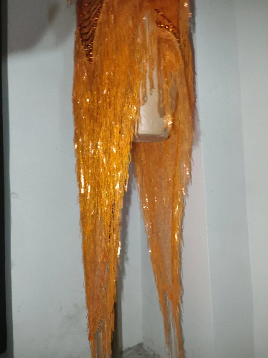 Orange Sparkly Crystal Fringe Bodysuit Off-Shoulder Stage Performance Costume Leotard