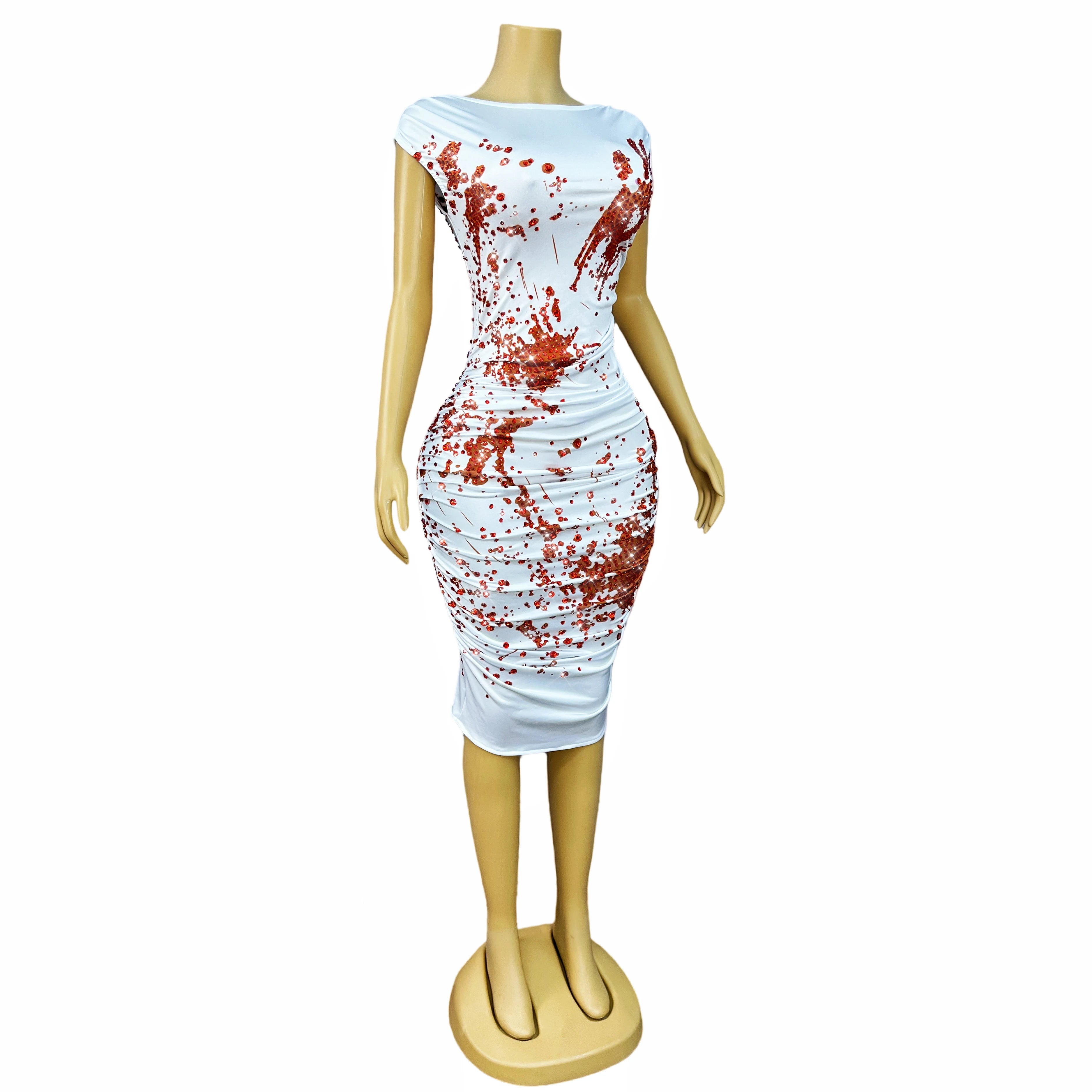 Blood Splatter Rhinestone Ruched Midi Dress Sleeveless Halloween Stage Costume