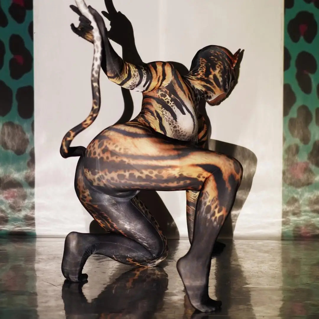 Leopard Print Long-Sleeve Catsuit Form-Fitting Stretch Jumpsuit Stage Costume