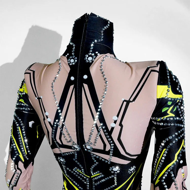 Futuristic Cyber Armor Rhinestone Bodysuit Mock Neck Sleeveless Stage Dance Costume