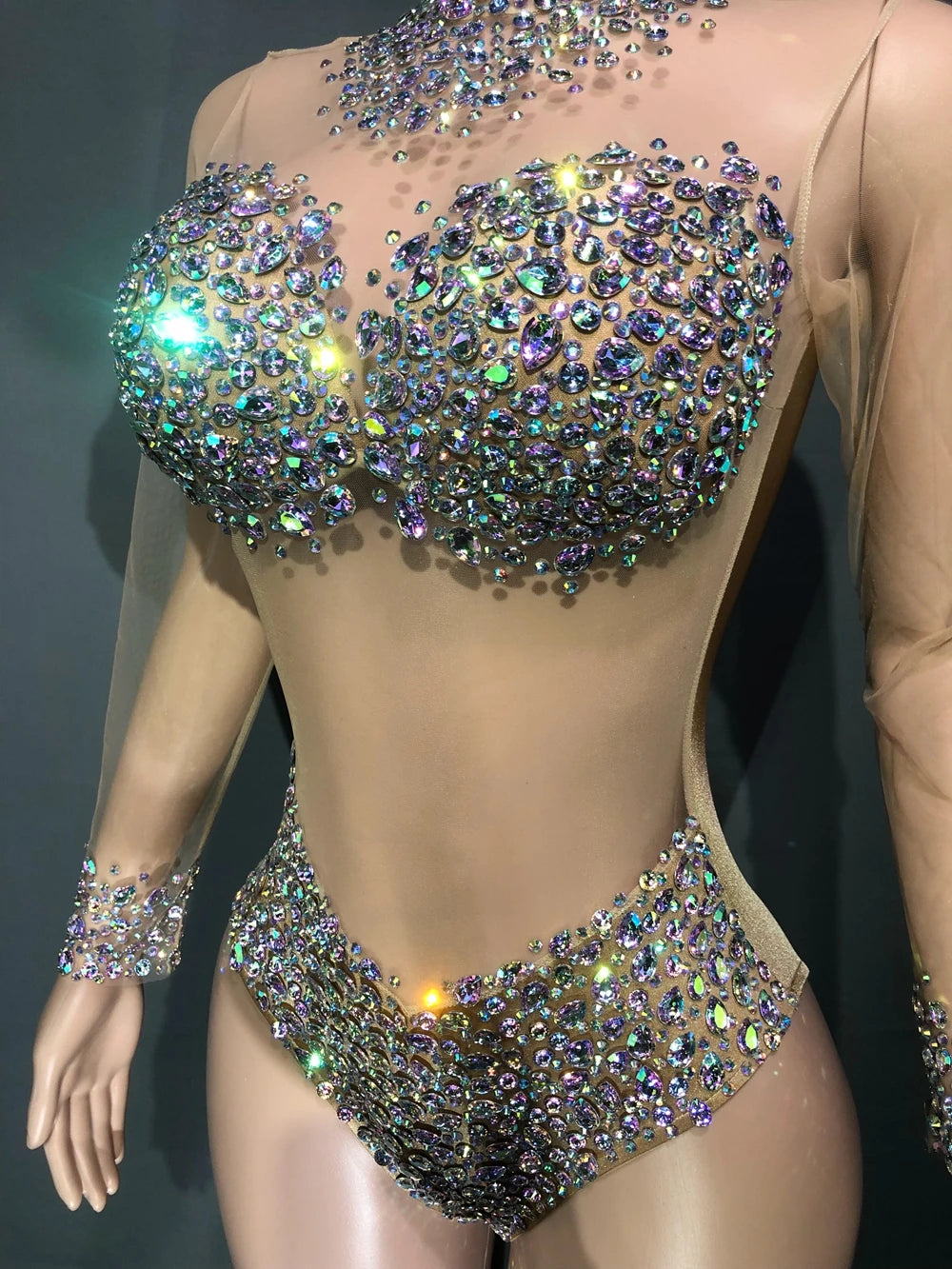 Sparkly AB Rhinestone Sheer Mesh Bodysuit & Stage Performance Costume