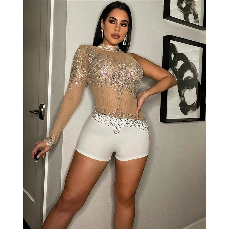 Sparkly Rhinestones Mesh Romper