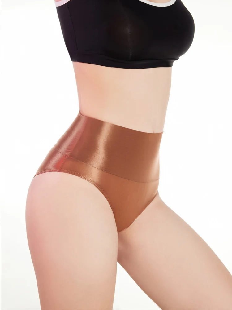 Sexy Sheer See Through High Waist Briefs Elastic Underwear Oil Glossy Shiny G-string Satin Smooth T-Back Push Up Hip Thong