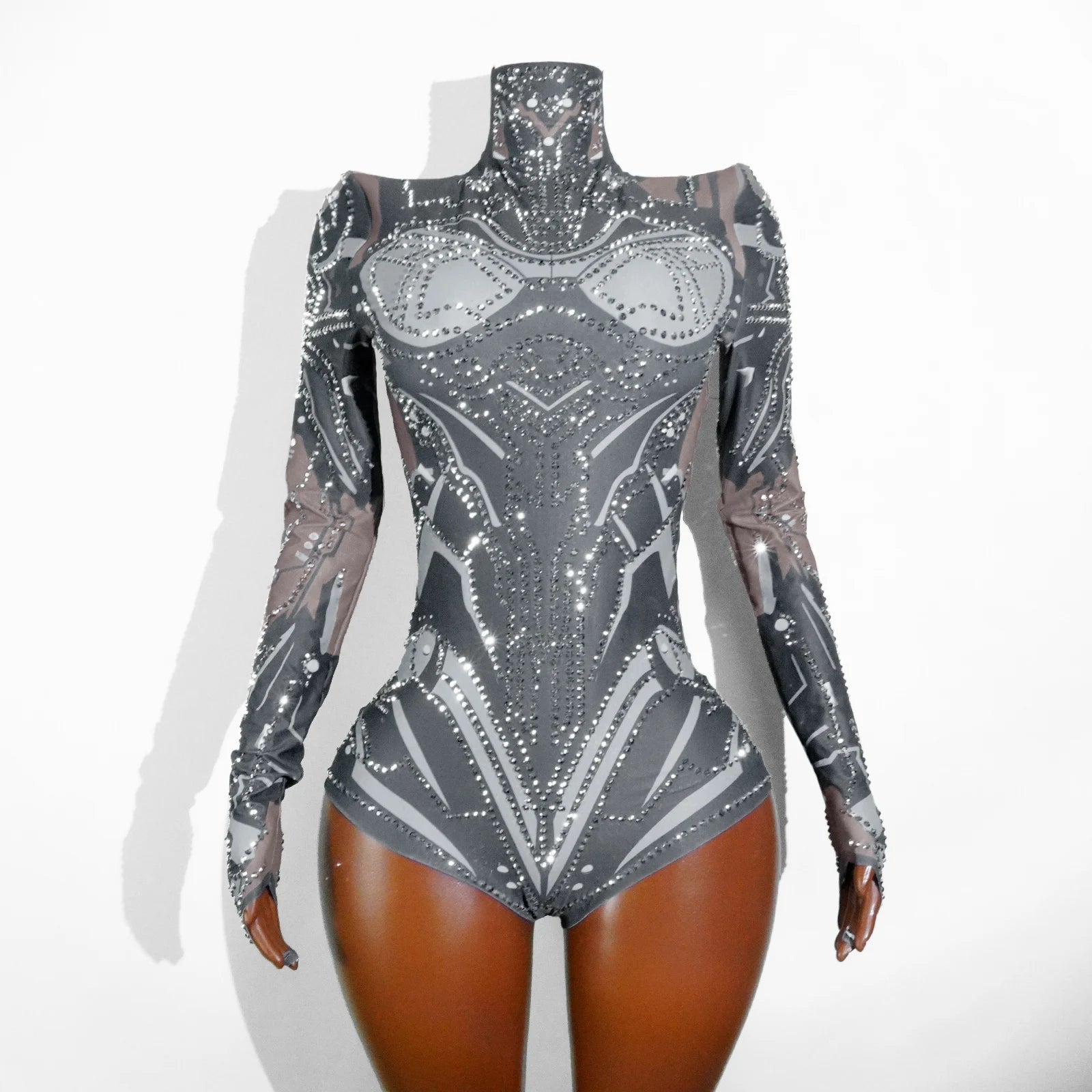 Futuristic Cyber Armor Rhinestone Bodysuit Mock Neck Sleeveless Stage Dance Costume