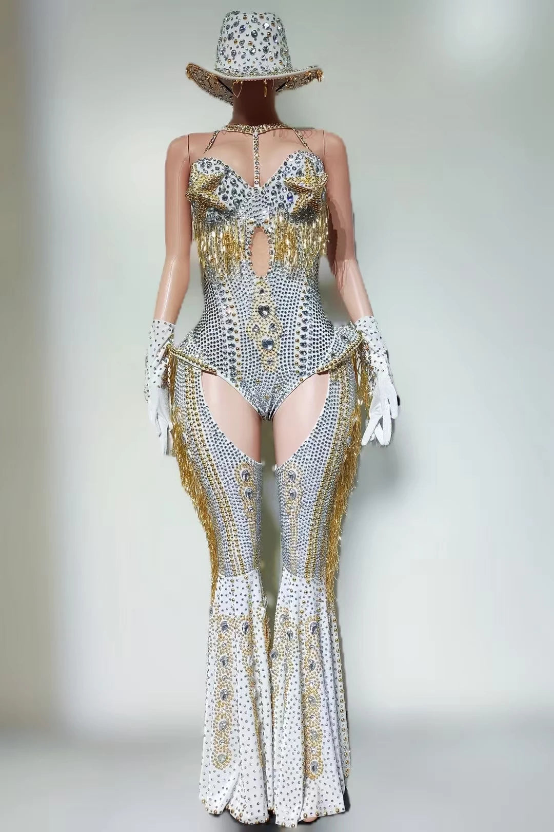Rhinestone Tassel Hollow-Out Jumpsuit & Stage Performance Dance Romper