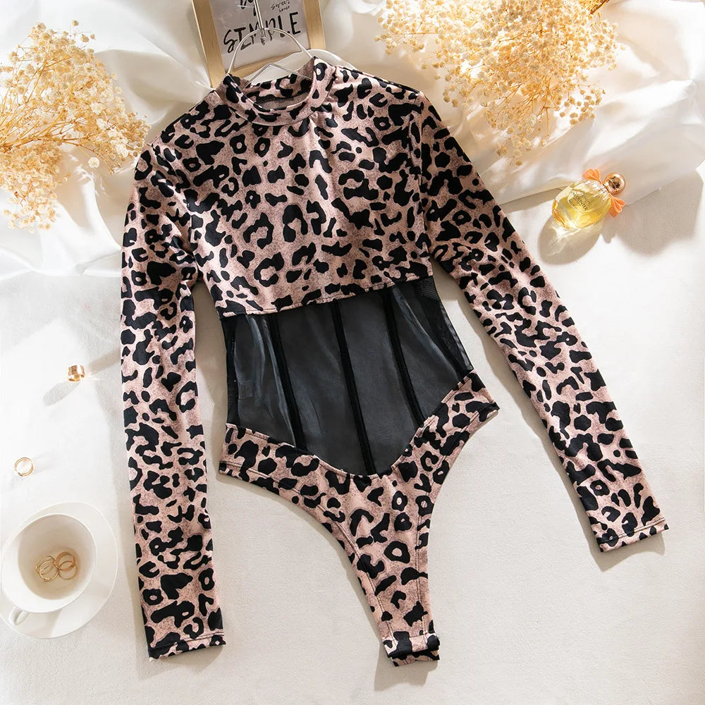 Leopard Print Sheer Mesh Corset Bodysuit Long Sleeve Stage Performance Dancewear