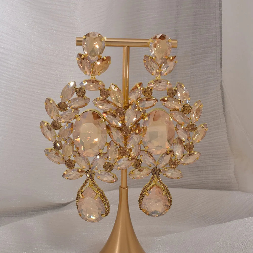 Oversized 4.7" Glass Gemstone Statement Drop Earrings Drag Queen Stage Jewelry