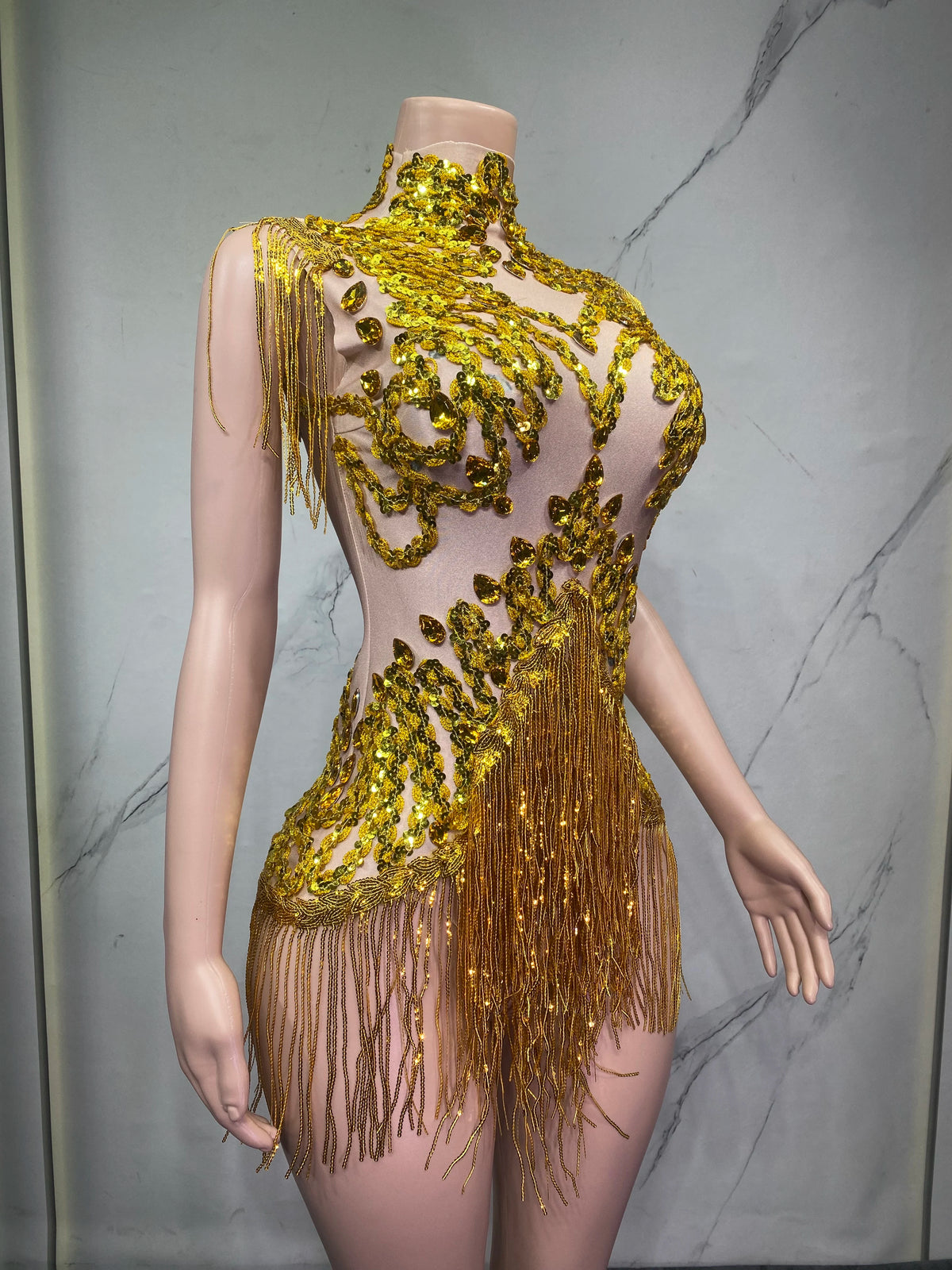 Sheer Mesh Rhinestone Performance Bodysuit for Women