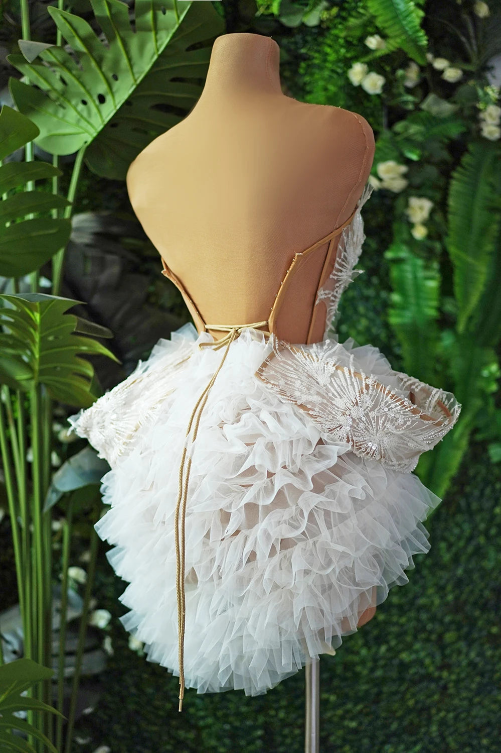 Sparkly White Pearl Sequin Tube Top & Feather Mini Skirt 2-Piece Stage Costume Set
