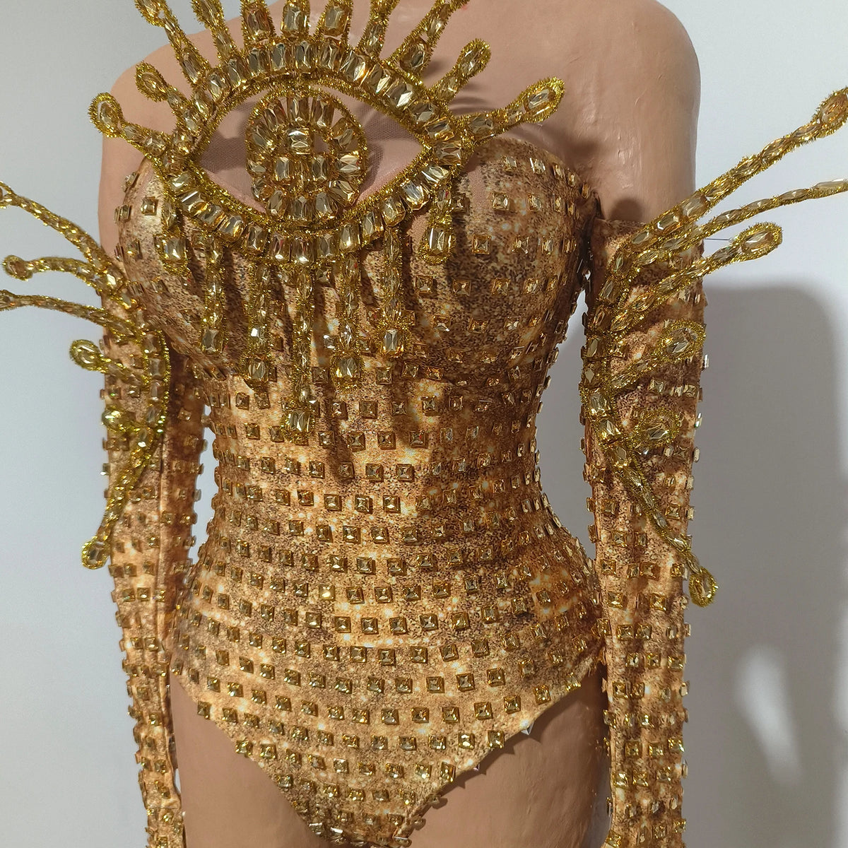 Vintage-Inspired Sparkly Rhinestones Gold Bodysuit Gloves Set