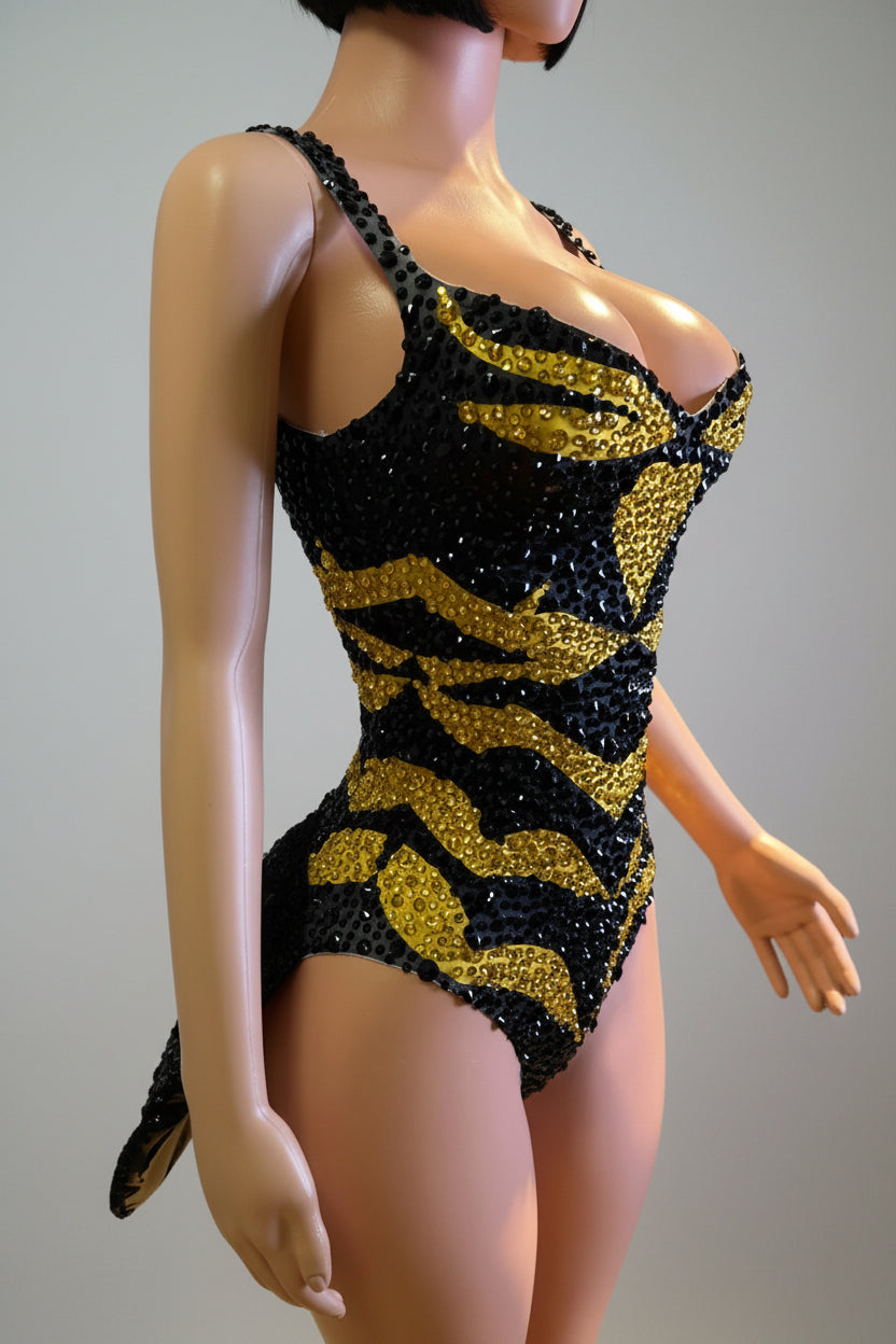 Prismatic Crystal Cutout High-Cut Bodysuit Sparkly Geometric Rhinestone Stage Costume