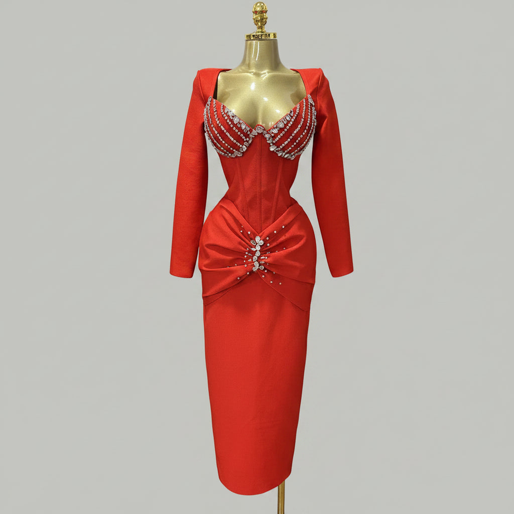 Elegant Square Neck Crystal Embroidered Bandage Ankle-Length Evening Gown
