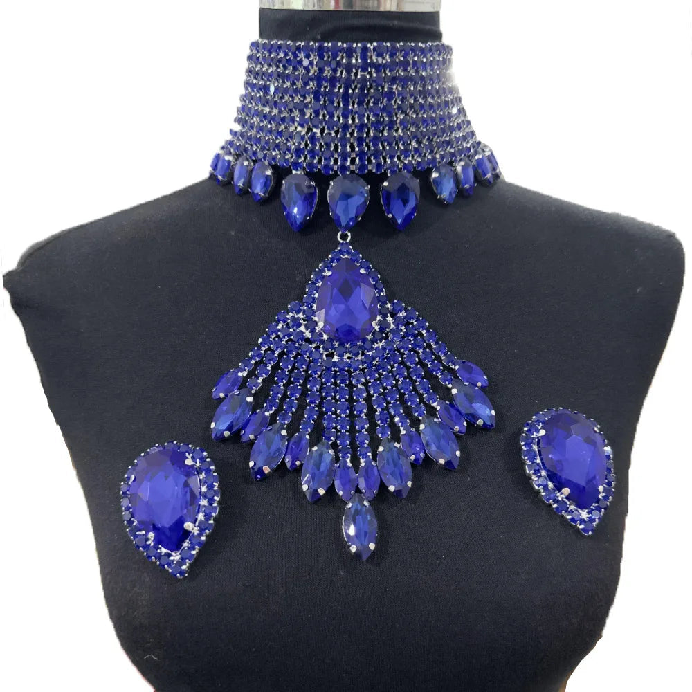 Oversized Crystal Rhinestone Tassel Choker & Earrings Drag Queen Jewelry Set