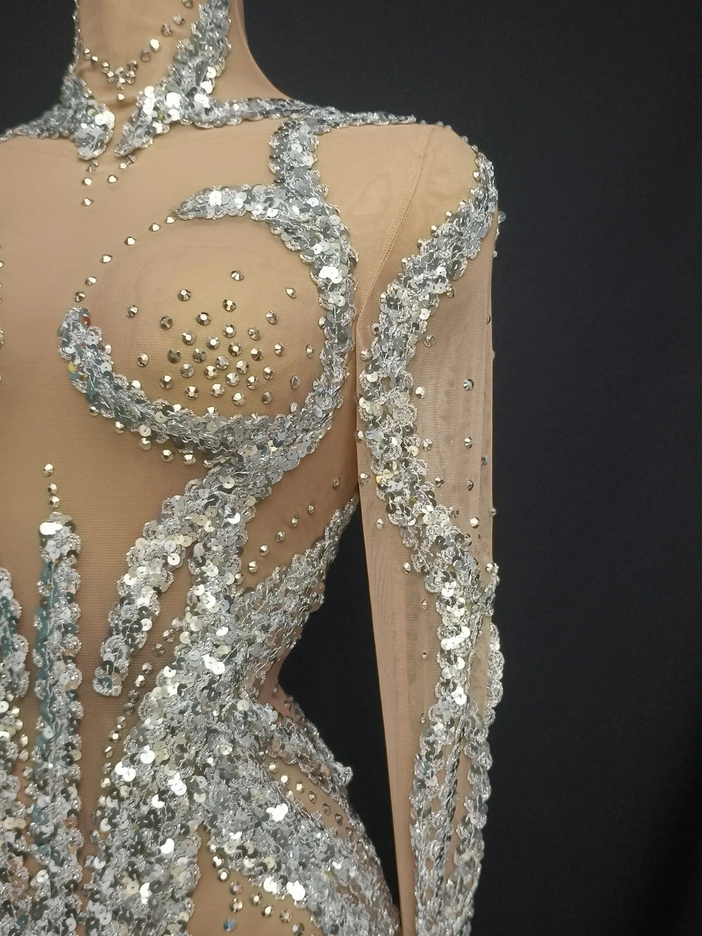 Sparkly Silver Rhinestone & Sequin Long-Sleeve Sheer Mini Dress Stage Performance Costume