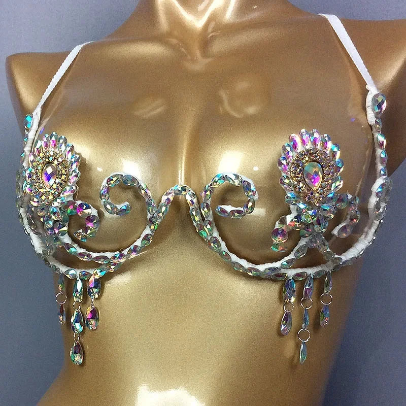 Dazzling Rainbow Crystal Stone Belly Dance Bra & Samba Carnival Performance Top