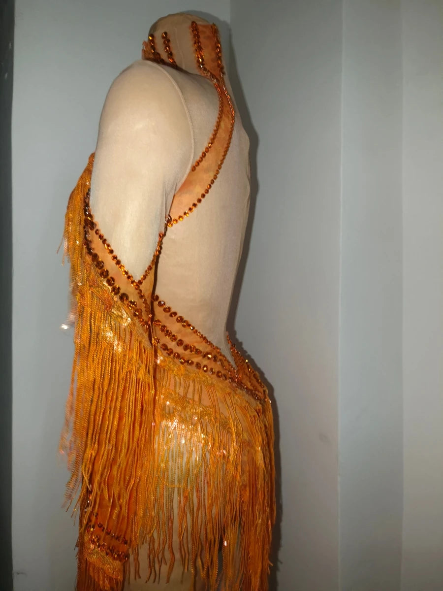 Orange Sparkly Crystal Fringe Bodysuit Off-Shoulder Stage Performance Costume Leotard