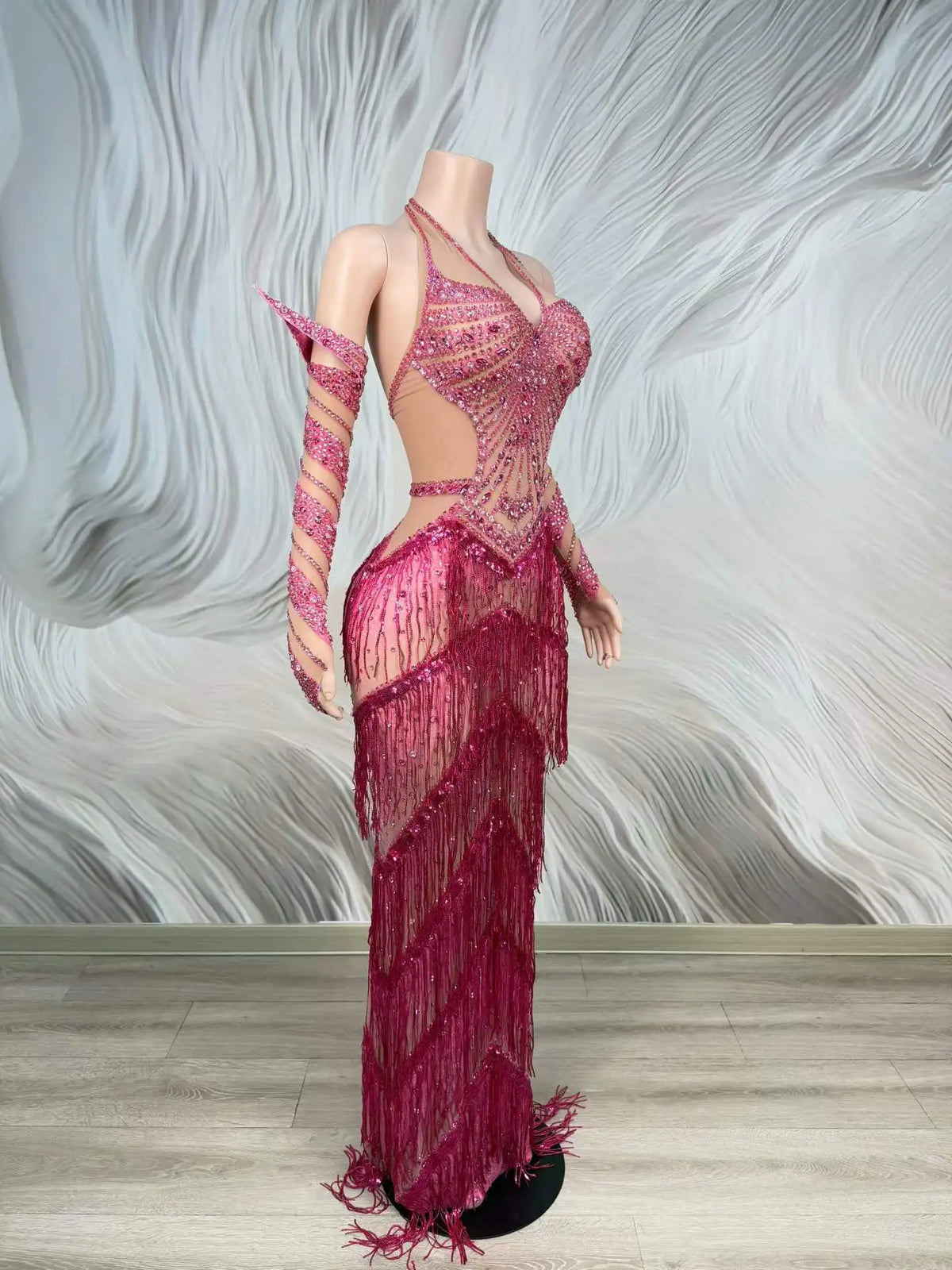 Women's Rhinestone Tassel Mesh Dress | Sparkly Stage & Nightclub Party Dress