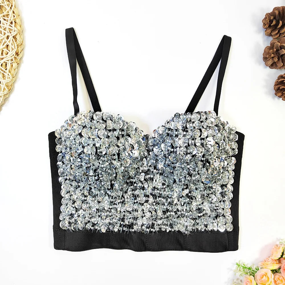 The Stardust Prism Siren – Sequined Glitter Bustier Corset Crop Top