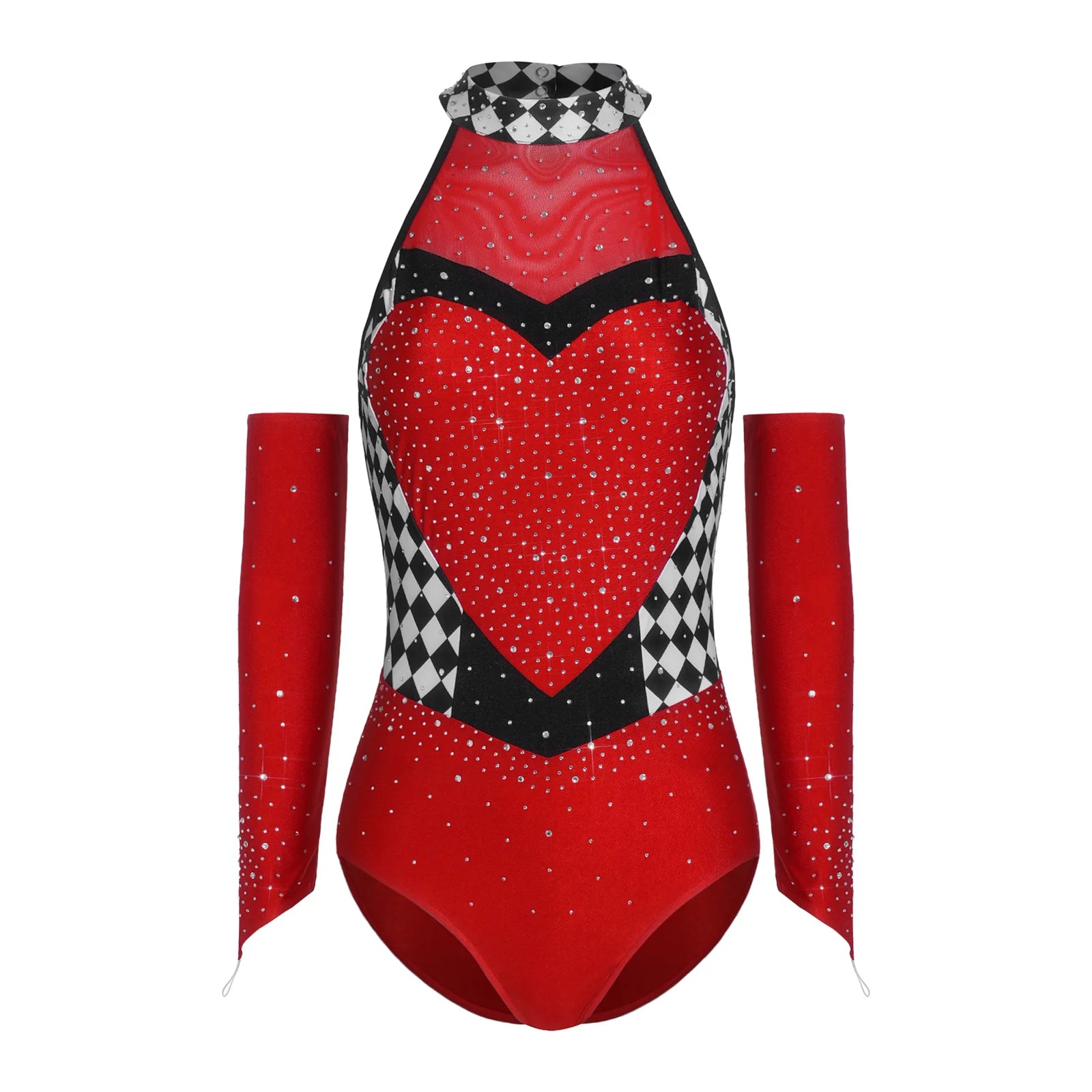 Queen of Hearts Rhinestone Halter Bodysuit & Sleeves Checkered Circus Stage Costume Set