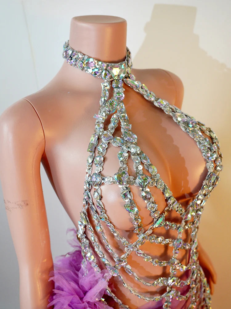 Purple Spiderweb Rhinestone Halter Bodysuit & Trailing Ruffle Tulle Skirt 2-Piece Stage Costume Set
